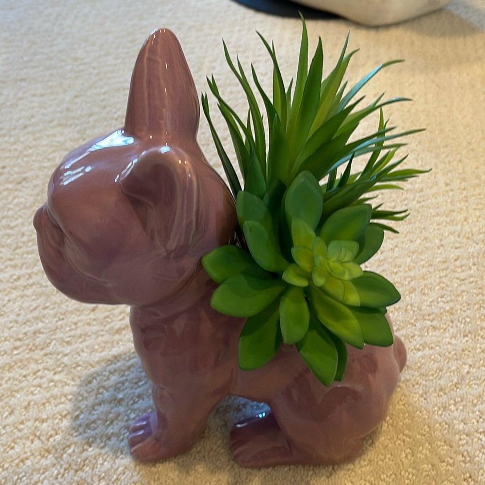 Ceramic sitting French dog planter For Home Garden Office Desktop Decor.